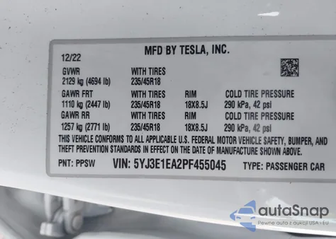 2023 Tesla Model 3 Rear-Wheel Drive z USA, uszkodzony, nr VIN 5YJ3E1EA2PF455045